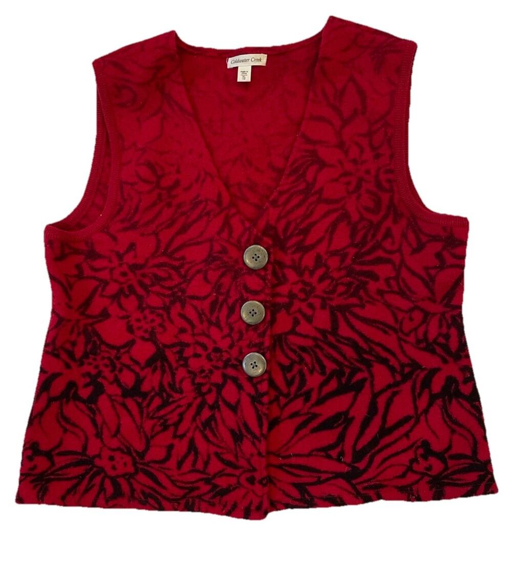 Coldwater Creek Sweater Vest XL Red & Black 100% Wool Floral Pattern Holiday
